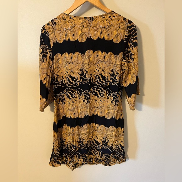 Vintage 2000s Prairie New York Gold Navy Tunic Dress Silk Lycra Large - Picture 6 of 6